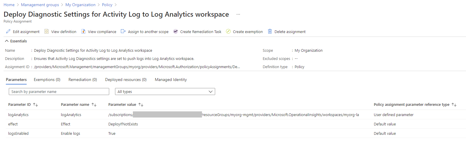 Policy Assignment parameters example